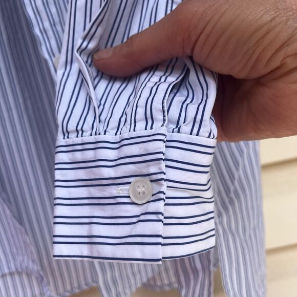 Lafayette 148 white w/blue narrow stripes, button down shirt, long sleeves, S/M - Picture 4 of 11